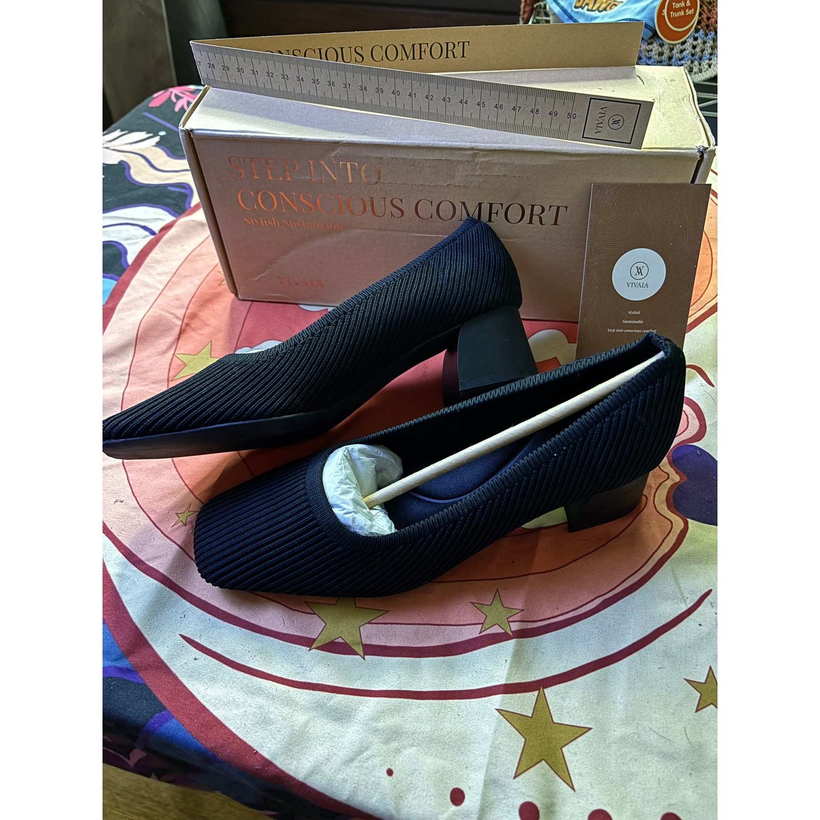 Vivaia Margot Square Toe Block Heel Pumps Black Knit Sustainable Shoes Eu 37